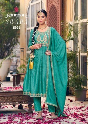 Rangoon Swara Ivory Print Silk Suit Fancy Work Top  Lace Pant  and Four Side Border Dupatta Wholesale kurtis catalogs
