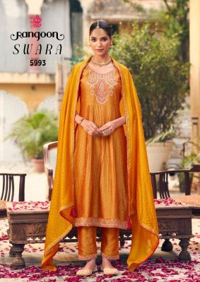 Rangoon Swara Ivory Print Silk Suit Fancy Work Top  Lace Pant  and Four Side Border Dupatta Wholesale kurtis catalogs