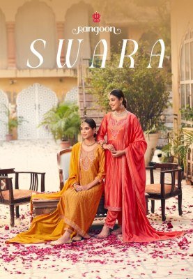 Rangoon Swara Ivory Print Silk Suit Fancy Work Top  Lace Pant  and Four Side Border Dupatta Wholesale kurtis catalogs