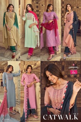 Rangoon by catwalk vol 5 heavy reyon embroidered kurti pant and dupatta catlogue at affordable rate  readymade suit catalogs