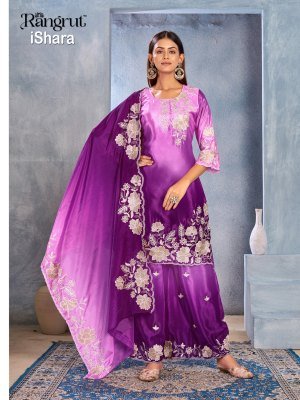 Rangrut ISHARA 3-Piece Pure Chinon Kurti Palazzo Dupatta Set Fancy Palazzo suit catalogue