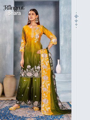 Rangrut ISHARA 3-Piece Pure Chinon Kurti Palazzo Dupatta Set Fancy Palazzo suit catalogue