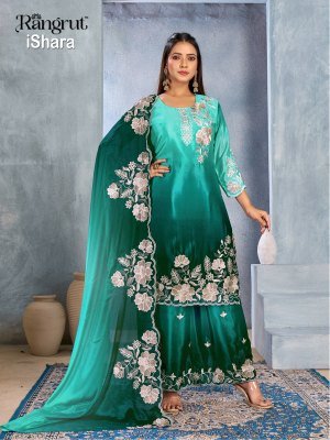 Rangrut ISHARA 3-Piece Pure Chinon Kurti Palazzo Dupatta Set Fancy Palazzo suit catalogue