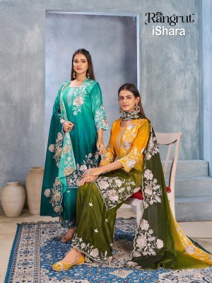Rangrut ISHARA 3-Piece Pure Chinon Kurti Palazzo Dupatta Set Fancy Palazzo suit catalogue