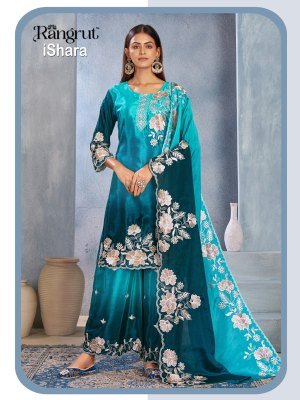 Rangrut ISHARA 3-Piece Pure Chinon Kurti Palazzo Dupatta Set Fancy Palazzo suit catalogue