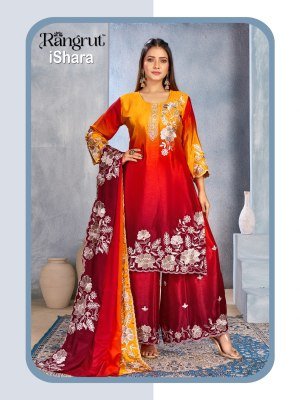 Rangrut ISHARA 3-Piece Pure Chinon Kurti Palazzo Dupatta Set Fancy Palazzo suit catalogue