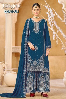 Rangrut KHUSHALI  Blooming Georgette Embroidery Kurti Palazzo Dupatta Set 