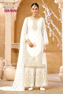 Rangrut KHUSHALI  Blooming Georgette Embroidery Kurti Palazzo Dupatta Set Fancy Palazzo suit catalogue