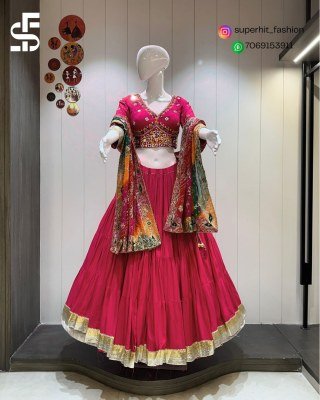 Rani Pink Colour Original Rayon Cotton Chaniya Choli Fabric 10 Meter Flared with Heavy Mirror Work Blouse and Margin Wholesale Amavi