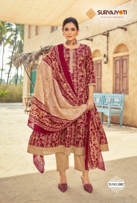 Rashmika vol 1 by Suryajyoti Cotton printed Anarkali suit with hand work catalogue at affordable rate readymade suit catalogs