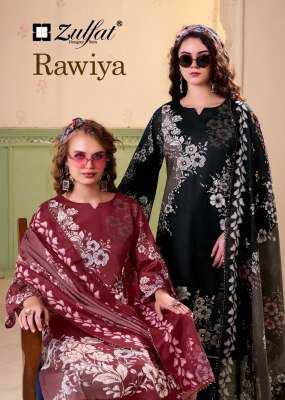 Rawiya by Zulfat Exclusive Jam Cotton Satin Suit with Heavy Handwork And Pure Mal Mal Cotton Dupatta Dress Material Wholesale Zulfat 