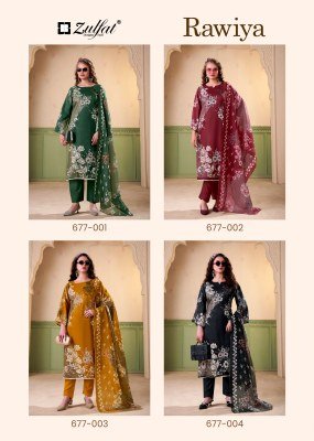 Rawiya by Zulfat Exclusive Jam Cotton Satin Suit with Heavy Handwork And Pure Mal Mal Cotton Dupatta Dress Material Wholesale dress material catalogs