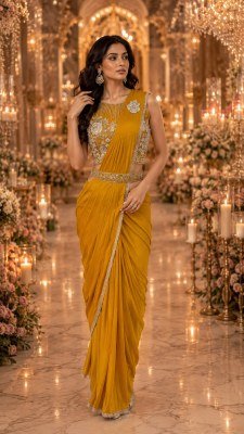 Ready to Wear Saree Design No. 102395 Imported Lycra Saree with Beads Work Blouse sarees catalogs