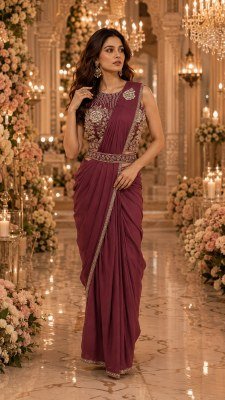 Ready to Wear Saree Design No. 102395 Imported Lycra Saree with Beads Work Blouse sarees catalogs
