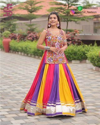 Real Modeling Navratri Special SHFR 111 Multi Colours Pure Cotton Lehenga Choli with Heavy Gamathi And Real Mirror Work  Micro Cotton Inner  and Ribbo lehenga choli