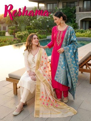 Reshama Heavy Glass Roman Silk Kurti Pant with Banarasi Jacquard Dupatta Set 