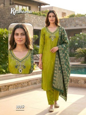 Reshama Heavy Glass Roman Silk Kurti Pant with Banarasi Jacquard Dupatta Set readymade suit catalogs