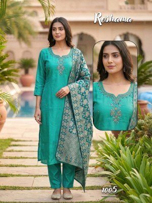 Reshama Heavy Glass Roman Silk Kurti Pant with Banarasi Jacquard Dupatta Set readymade suit catalogs