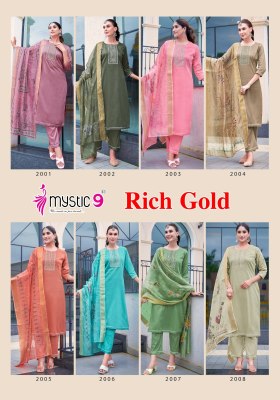 Rich Gold vol 2 by Mystic 9 Premium cotton neck embroidered straight kurti pant and dupatta catalogue at amaviexpo  readymade suit catalogs