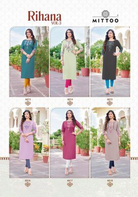 Rihan vol 3 by Mittoo Heavy reyon printed handwork fancy kurti catalogue at amavi expo kurtis catalogs