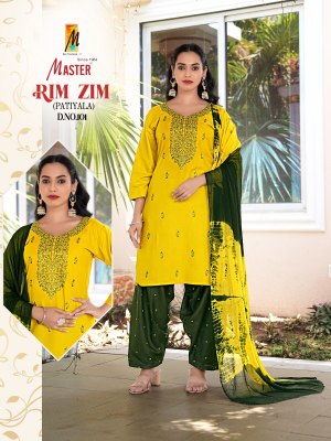 Rimzim by Master Designer reyon with work patiyala suit with dupatta catalogue at affordable rate readymade suit catalogs