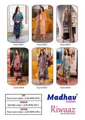 Riwaaz vol 8 by Madhav fashion pure lawn cotton karachi suit catalogue at low rate Karachi suits catalogs