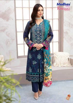 Riwaaz vol 8 by Madhav fashion pure lawn cotton unstitched dress material catalogue at affordable rate Karachi suits catalogs