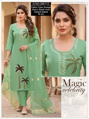 Roman Glass Designer Kurti Pant with Jacquard Dupatta  Size wise Combo Set