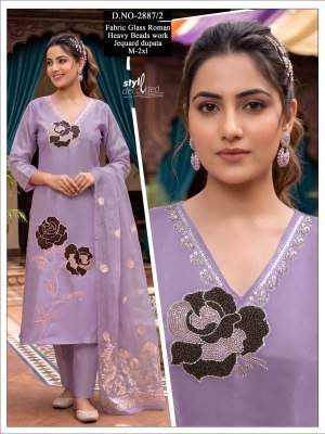 Roman Glass Designer Kurti Pant with Jacquard Dupatta  Size wise Combo Set