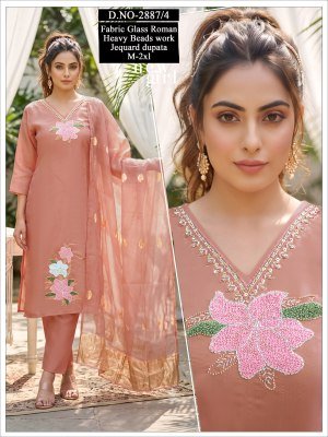 Roman Glass Designer Kurti Pant with Jacquard Dupatta  Size wise Combo Set