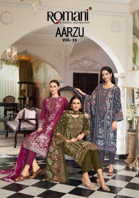 Romani Aarzu Vol-35 Pakistani Cotton Kurti Pant with Mal Mal Dupatta wholesale catalogs