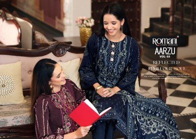 Romani Aarzu Vol-35 Pakistani Cotton Kurti Pant with Mal Mal Dupatta pakistani suit catalogs