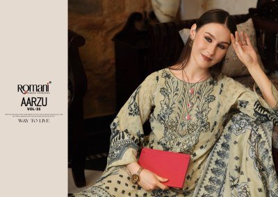 Romani Aarzu Vol-35 Pakistani Cotton Kurti Pant with Mal Mal Dupatta pakistani suit catalogs