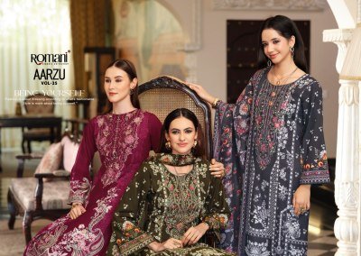 Romani Aarzu Vol-35 Pakistani Cotton Kurti Pant with Mal Mal Dupatta pakistani suit catalogs