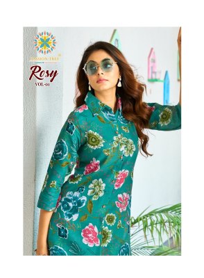 Rosy vol 1 by passion Tree Heavy Printed Reyon With Discharge Print top with bottom catalogue at affordable rate kurtis catalogs