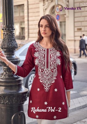 Ruhana vol 2 by Vamika heavy reyon neck embroidered short western wear top catalogue at amaviexpo Vamika nx