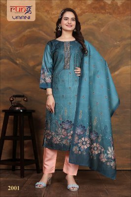 Rung by Vaani heavy silk embroidered digital printed kurti pant and dupatta catalogue at wholesale price  readymade suit catalogs