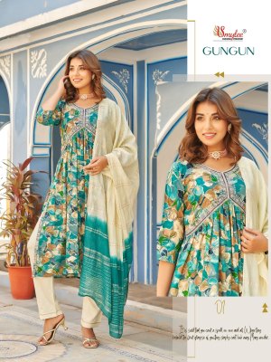 Rung present Gun Gun heavy reyon foil print embroidered readymade suit catalogue at wholesale price readymade suit catalogs