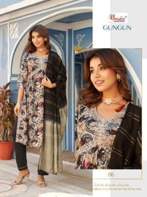 Rung present Gun Gun heavy reyon foil print embroidered readymade suit catalogue at wholesale price readymade suit catalogs