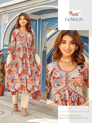 Rung present Gun Gun heavy reyon foil print embroidered readymade suit catalogue at wholesale price readymade suit catalogs