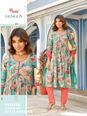 Rung present Gun Gun heavy reyon foil print embroidered readymade suit catalogue at wholesale price readymade suit catalogs
