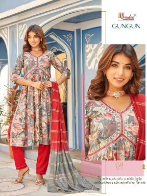 Rung present Gun Gun heavy reyon foil print embroidered readymade suit catalogue at wholesale price readymade suit catalogs