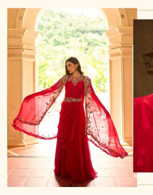 SAYURI DESIGNER GAUHAR Stitched Real Georgette Crepe Silk Jacket Blouse CanCan Lehenga Set Indo Western