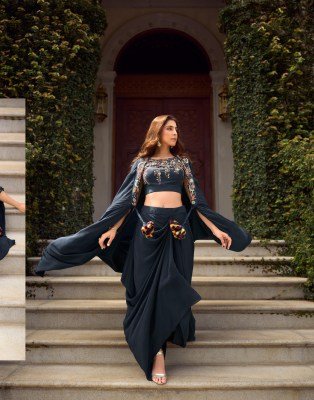 SAYURI DESIGNER GAUHAR Stitched Real Georgette Crepe Silk Jacket Blouse CanCan Lehenga Set Indo Western