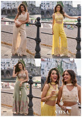SAYURI DESIGNER NAYSA 3-Piece Real Chinon Silk Beads  Blouse Palazzo Chokar Dupatta Set Fancy Palazzo suit catalogue