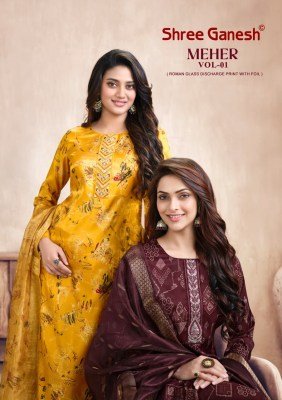 SHREE GANESH MEHER Vol-1 Roman Glass Foil Embroidery 3-Piece Suit 
