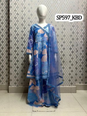 SP594_KBD Girls Angrakha Top and Sharara Dupatta Set Printed Rayon Fabric D.NO-SP594 Wholesale Product fancy sharara suit Catalogs