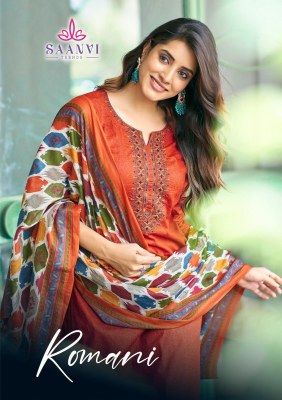 Saanvi by Romani heavy cotton printed embroidered unstitched suit catalogue at low rate Romani