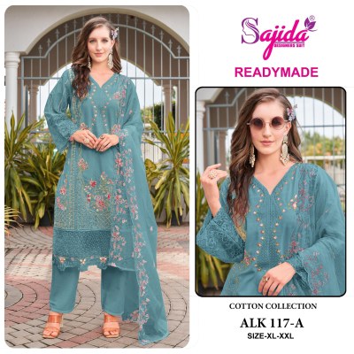 Sajida Designer Suit 117 Pure Camric Cotton Kurti Pant Embroidered And Kota Checks Work Latkan Dupatta Wholesale kurtis catalogs