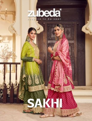 Sakhi by Zubeda Chinon Silk Embroidered Designer Sharara Suit catalogue at low price Amavi